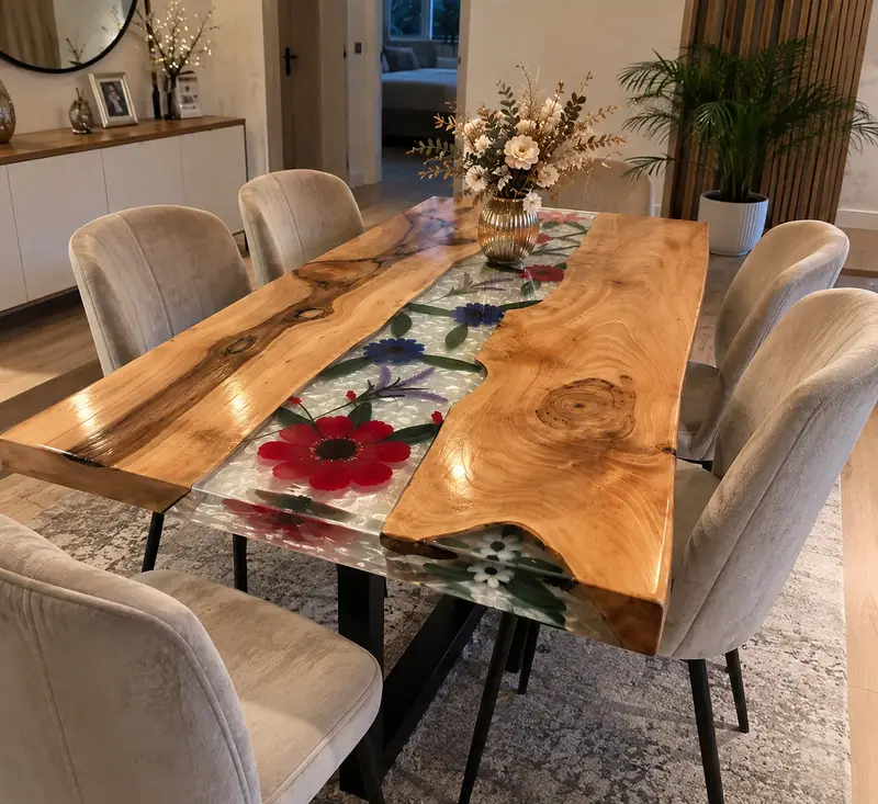 Masă de dining din lemn cu râu de rășină și flori