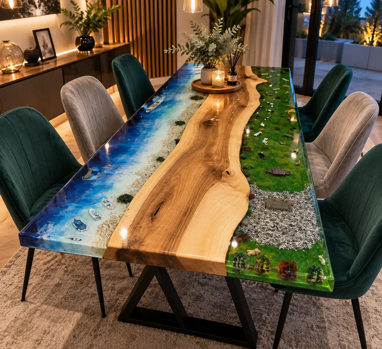 Mesa de comedor con resina azul de mar a un lado y prado verde al otro