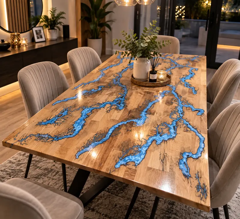 Masă de dining din stejar cu râuri de rășină albastră