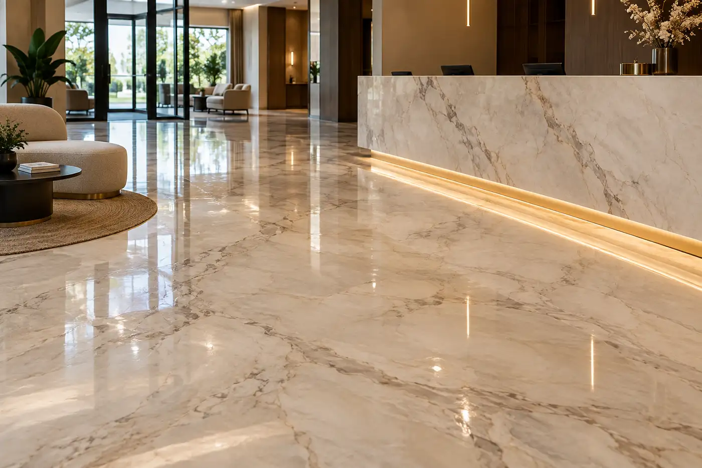 Pardoseală din rășină cu efect de marmură în recepția unui hotel