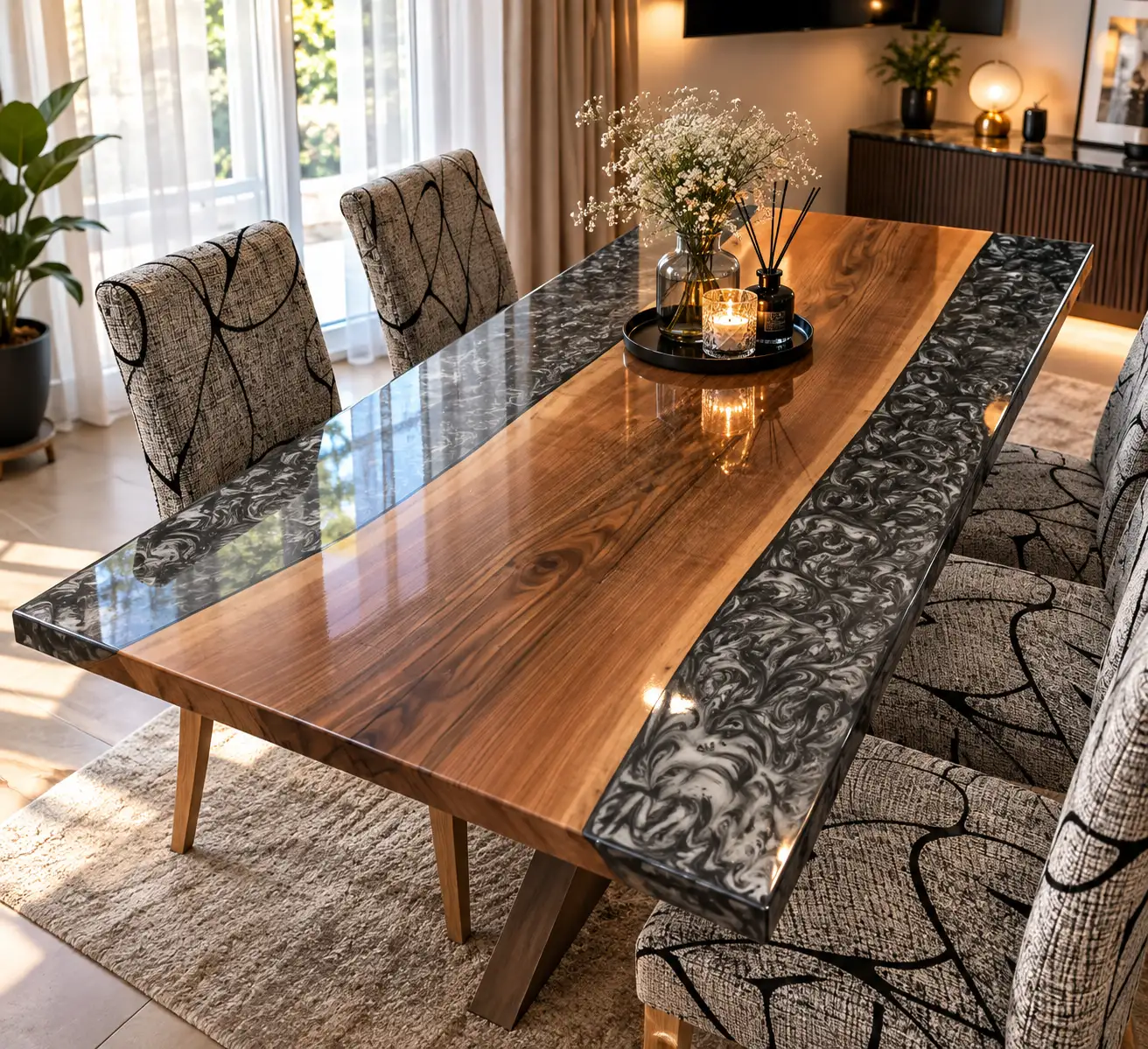 Masă de dining din nuc cu râuri de rășină gri