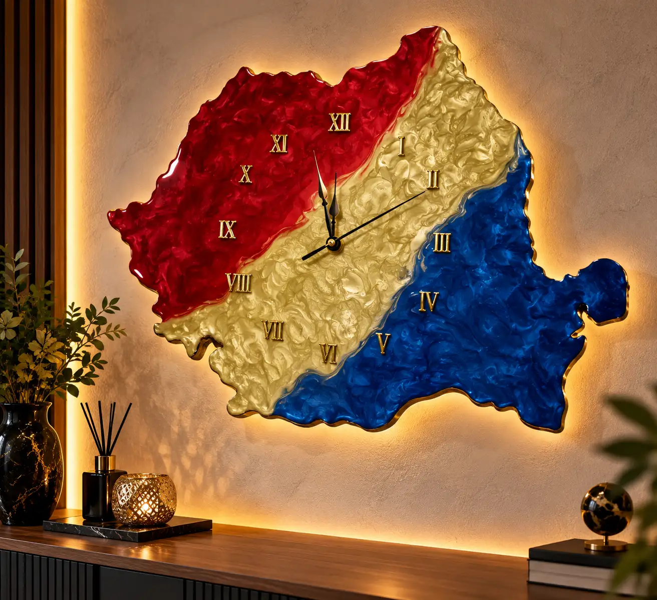 Ceas din rășină în forma hărții României, în culorile tricolorului