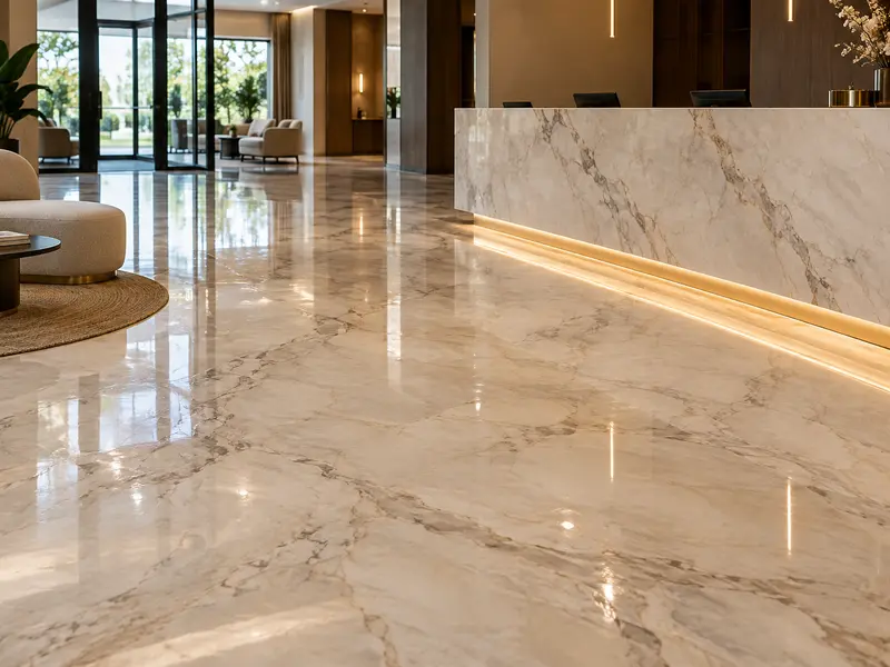 Recepție de hotel cu pardoseală lucioasă cu efect de marmură crem